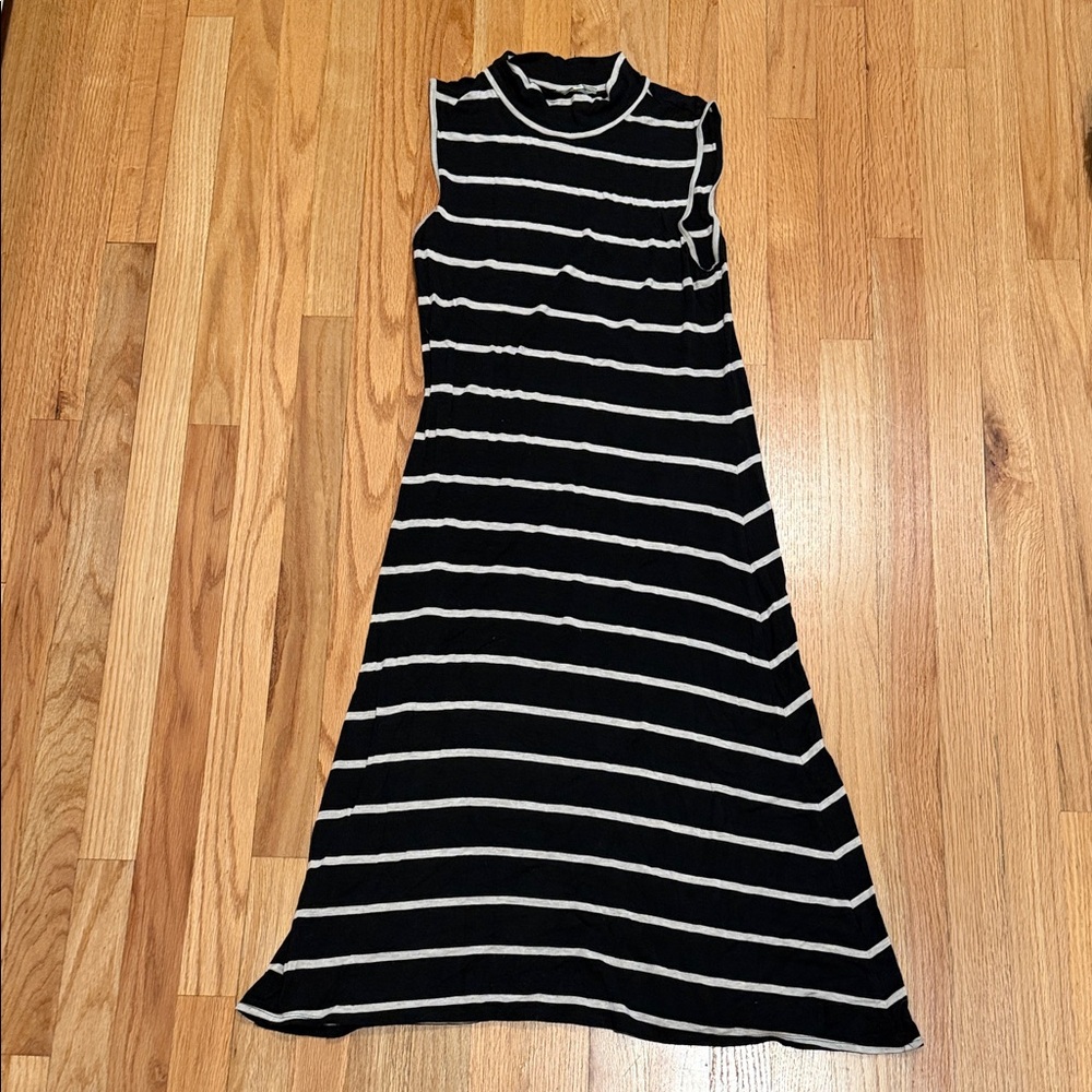 Max Studio Black and White Mock Neck Striped Midi Dress